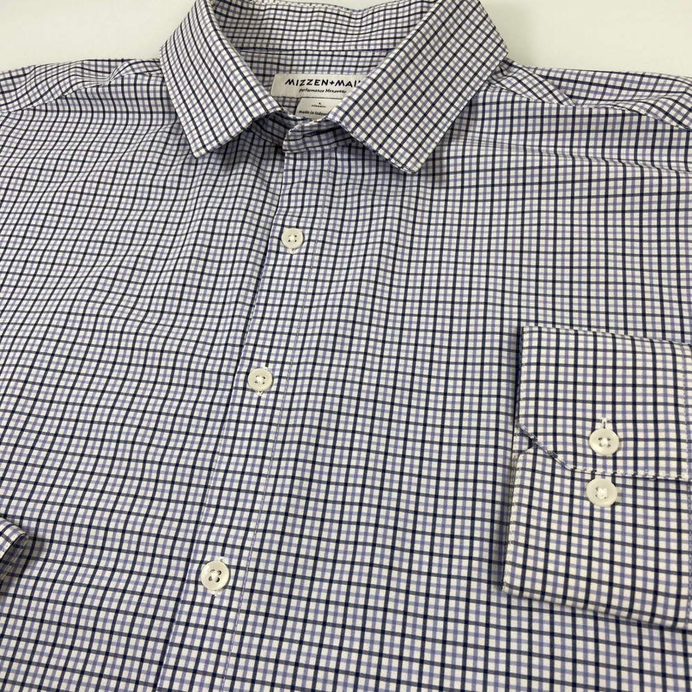 Mizzen+Main Mens L Classic Fit Performance Dress Shirt Blue Black Check Career